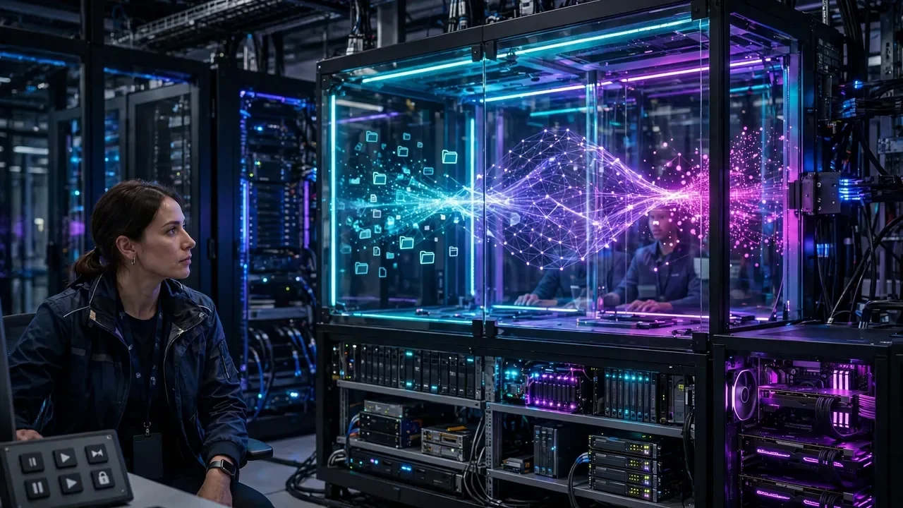 Infraestructura futurista ejecutando varios agentes de inteligencia artificial en una sesión persistente