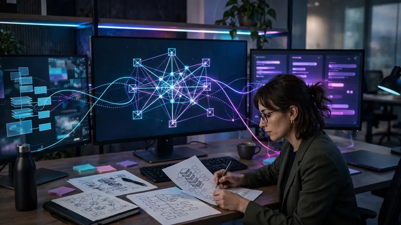 Representación de asistentes de inteligencia artificial analizando y recomendando un sitio web