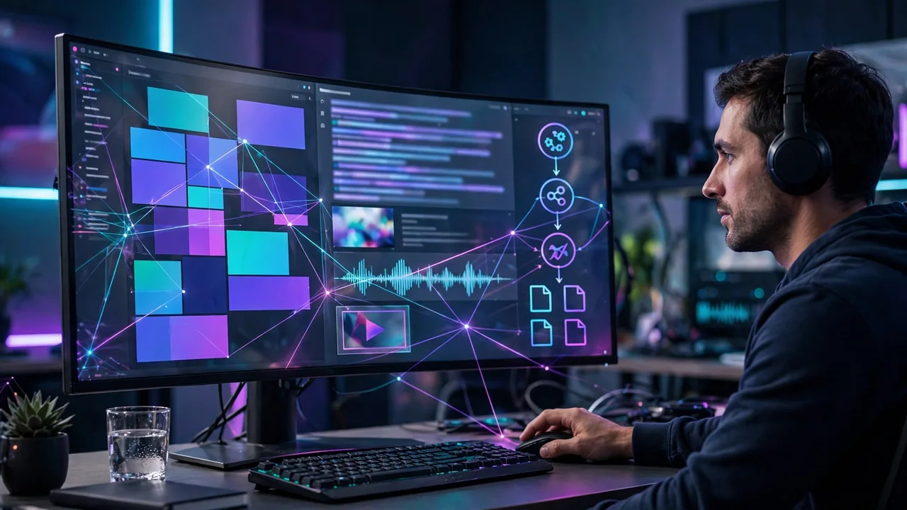 Profesional supervisando un flujo de programación asistido por inteligencia artificial en una estación de trabajo