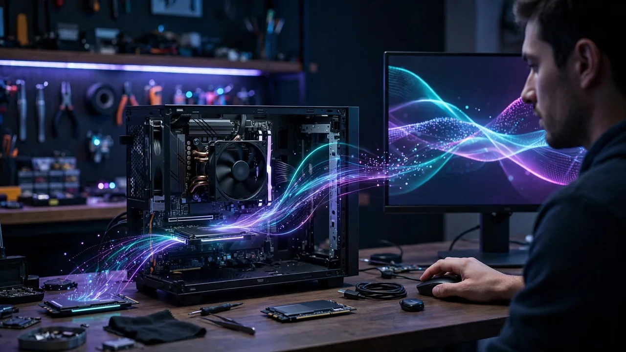 Representación de un procesador central ejecutando un modelo de lenguaje masivo desde un disco SSD