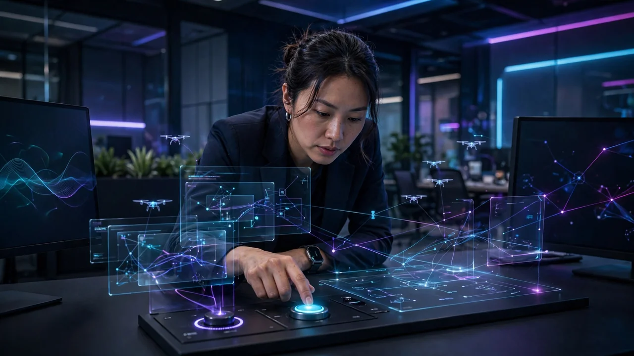 Un profesional supervisando múltiples interfaces holográficas de agentes de IA en un entorno de oficina moderno.