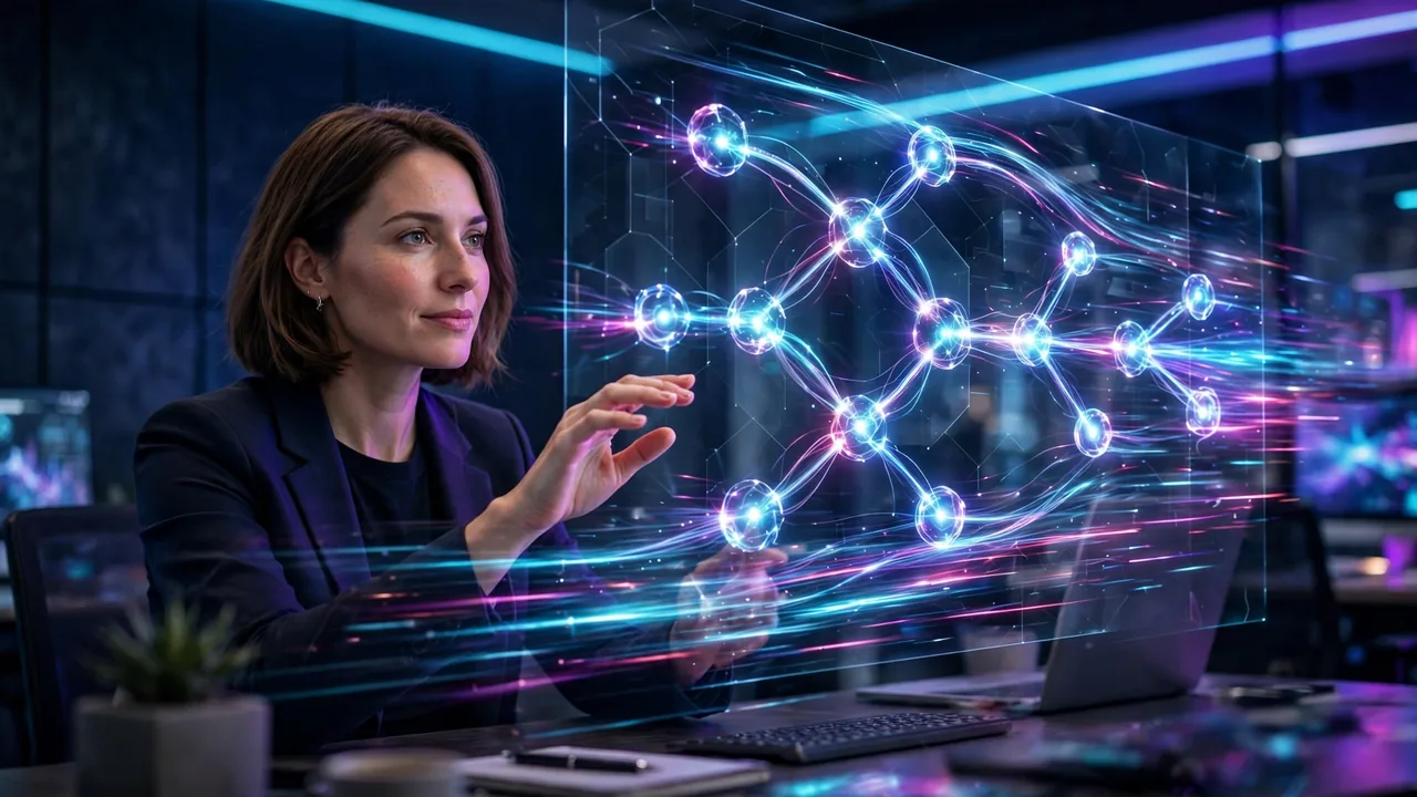 Un profesional supervisando una interfaz de datos estructurados de alta velocidad.