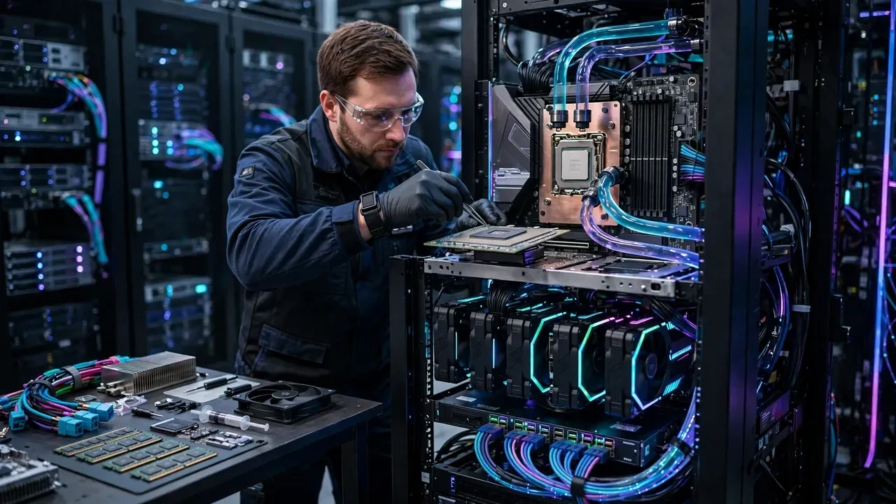 Representación de una CPU futurista procesando varias tareas de agentes de inteligencia artificial